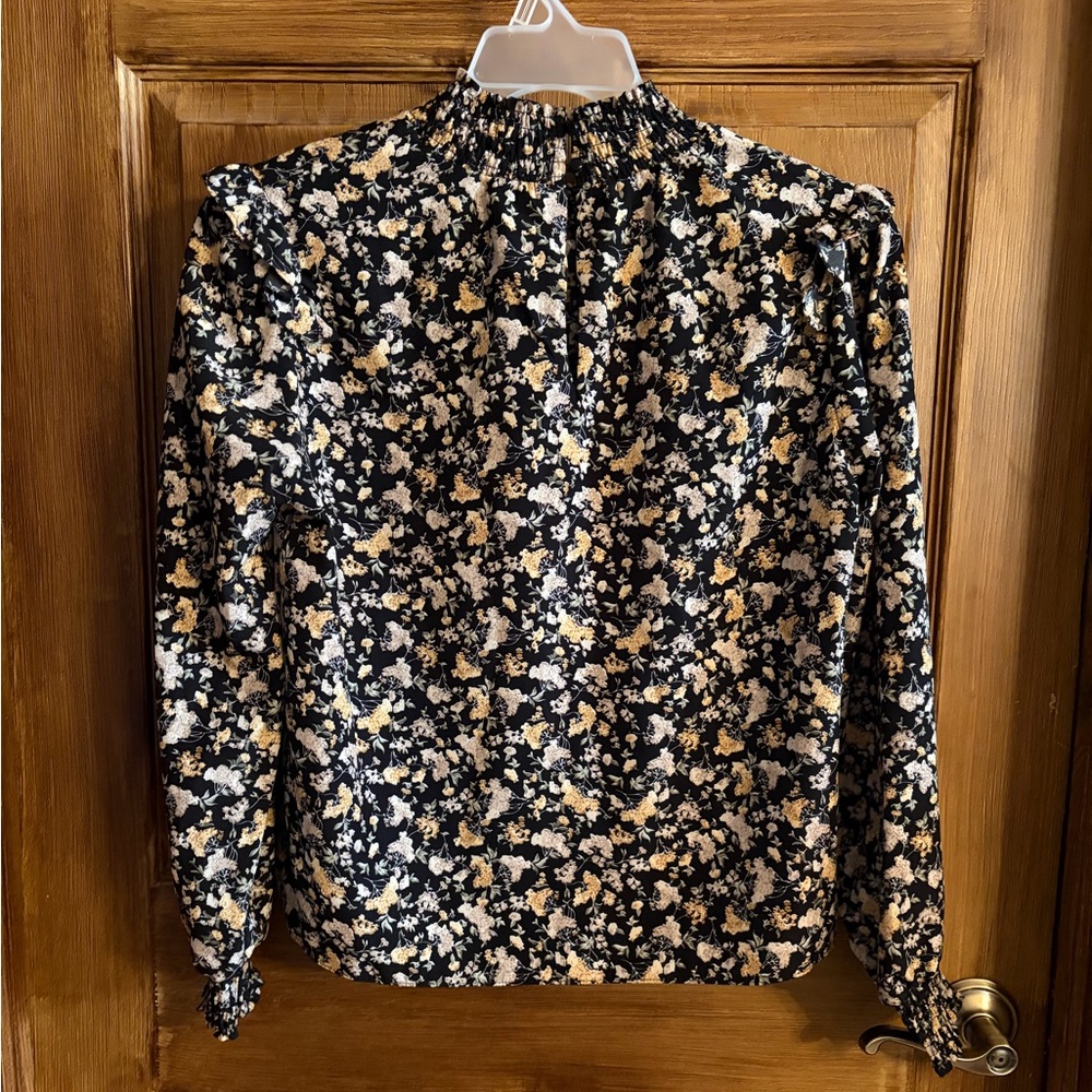 Vigoss Black Floral Smocked Neck Blouse with Cream Accents - Picture 2 of 7